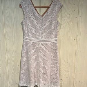 Dress BARN White V neck Skater  Dress with Tan Lining size 12